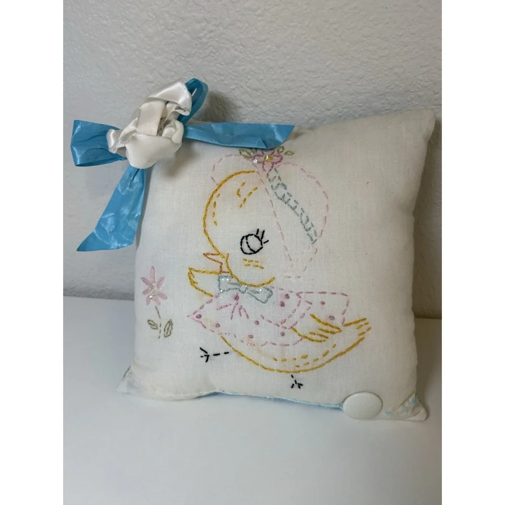 Vintage Embroidered Baby Duck Pillow Handmade Nursery Decor Blue Pink 7 Inch